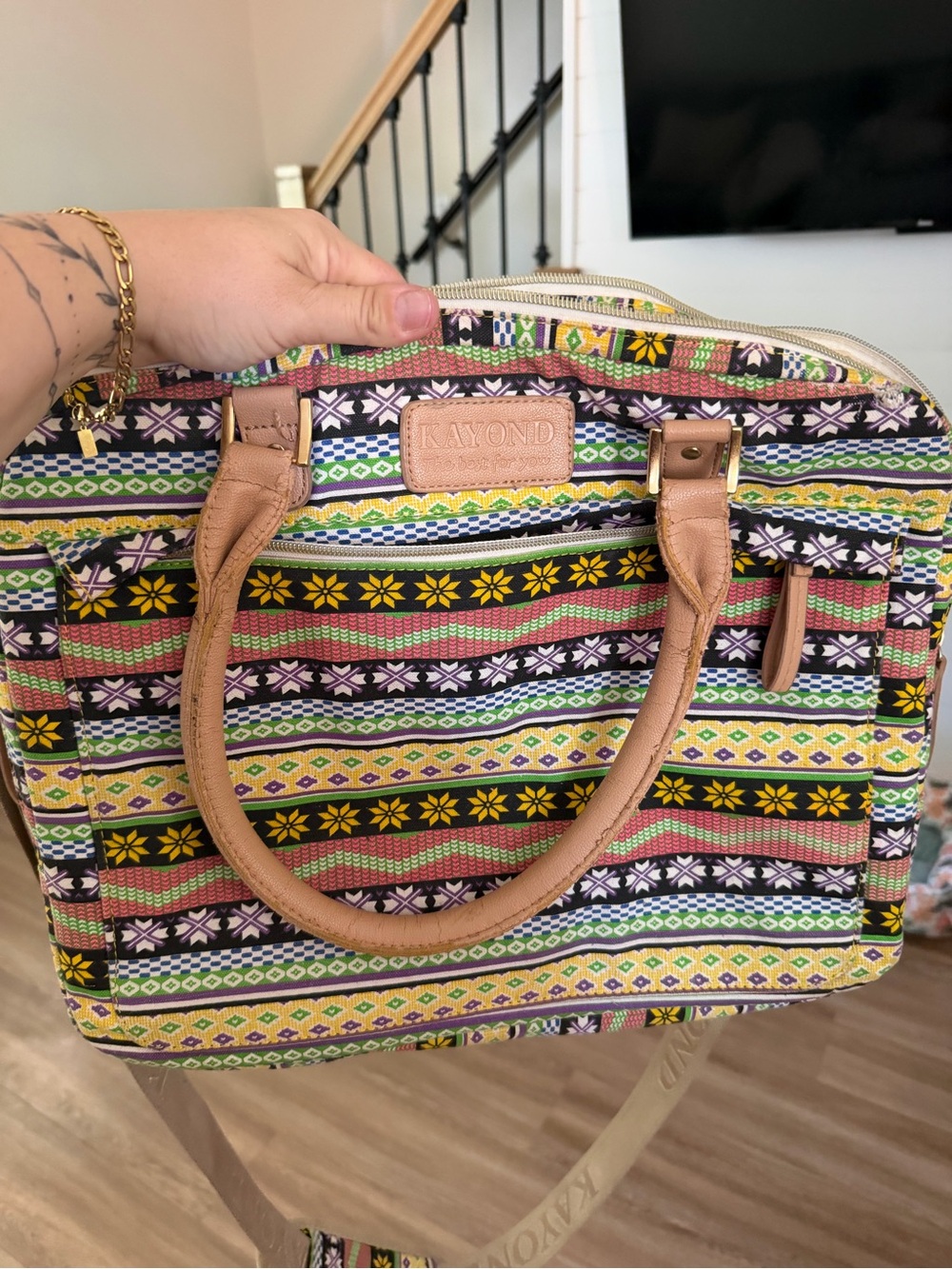 Multicolor Patterned Women's Tote Bag - Pink, Yellow, Green